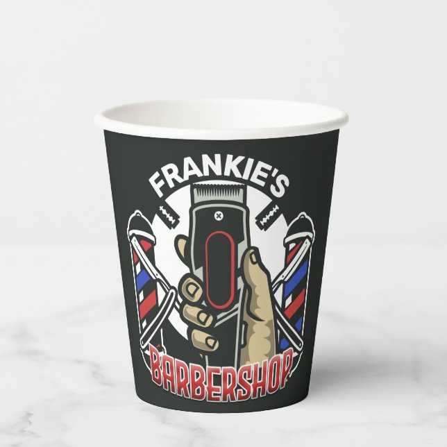 Custom NAME Retro Barber Shop Pole Barbershop Paper Cups (Front)