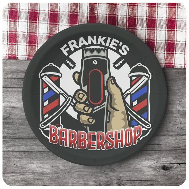 Custom NAME Retro Barber Shop Pole Barbershop Paper Plate (Creator Uploaded)