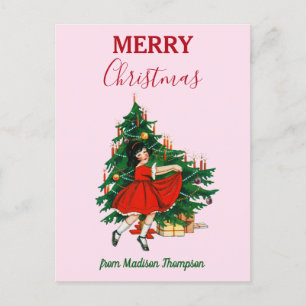 Custom Name Retro Christmas Girl Xmas Tree Pink  Holiday Postcard
