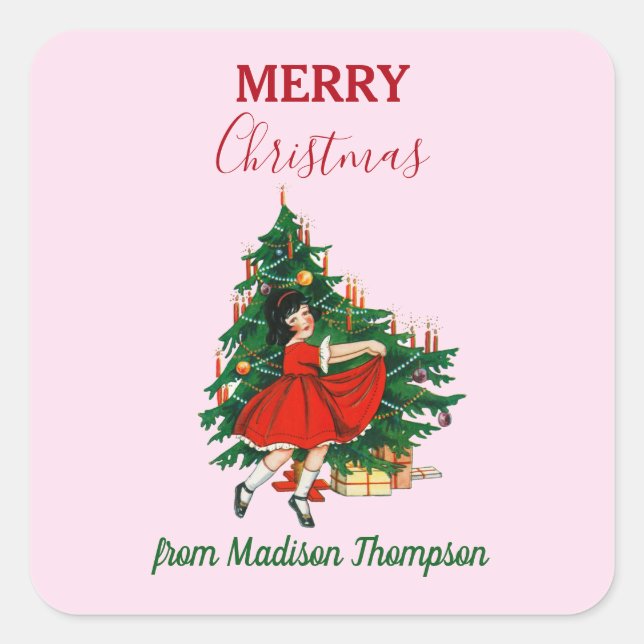 Custom Name Retro Christmas Girl Xmas Tree Pink   Square Sticker (Front)