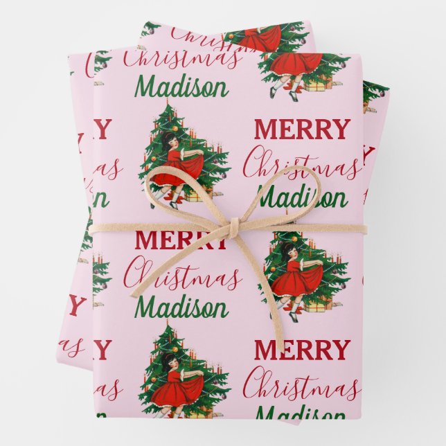 Custom Name Retro Christmas Girl Xmas Tree Pink Wrapping Paper Sheet (In situ)