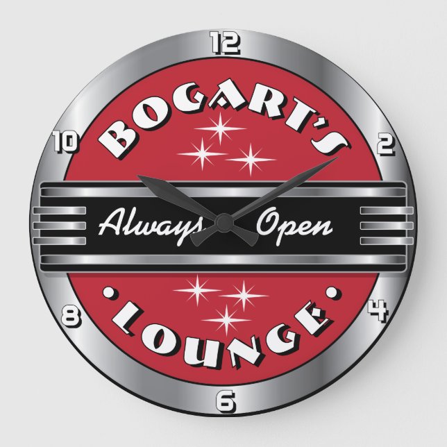 Custom Name Retro Cocktail Lounge Wall Clock- Red Large Clock (Front)