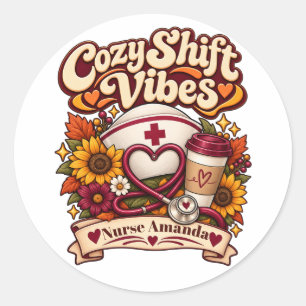 Custom Name Retro Cozy Nurse Life Coffee Classic Round Sticker
