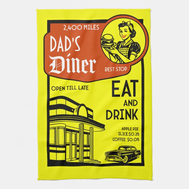 Custom Name Retro Diner American  Tea Towel (Vertical)