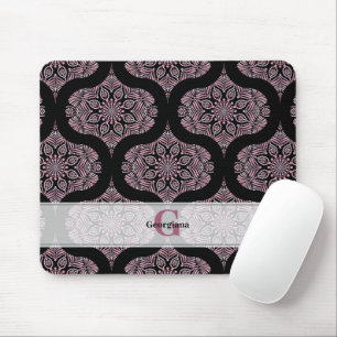 Custom Name Retro Dusky Rose Floral Fronds Mandala Mouse Mat