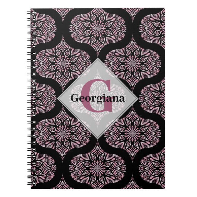 Custom Name Retro Dusky Rose Floral Fronds Mandala Notebook (Front)