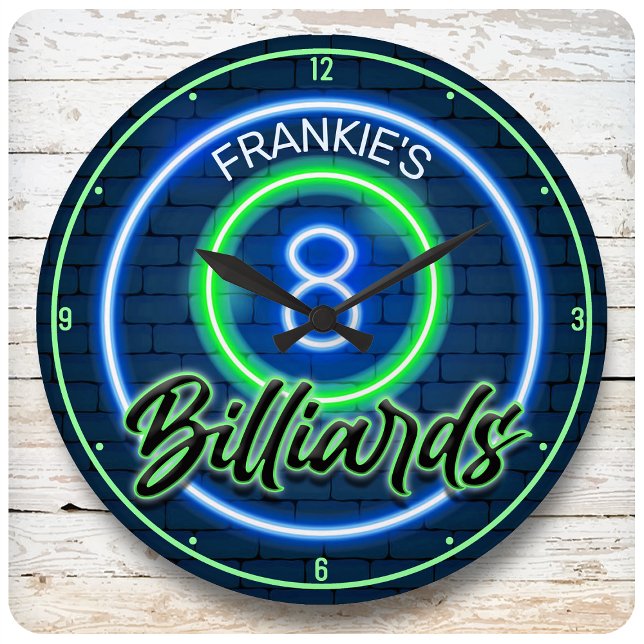 Custom NAME Retro Faux Neon 8 Ball Billiards Pool Large Clock (Creator Uploaded)