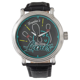 Custom NAME Retro Faux Neon Bowler Bowling Lanes Watch
