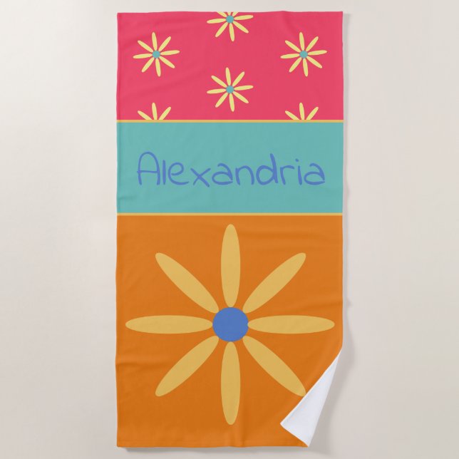 Custom Name Retro Flower Beach Towel (Front)