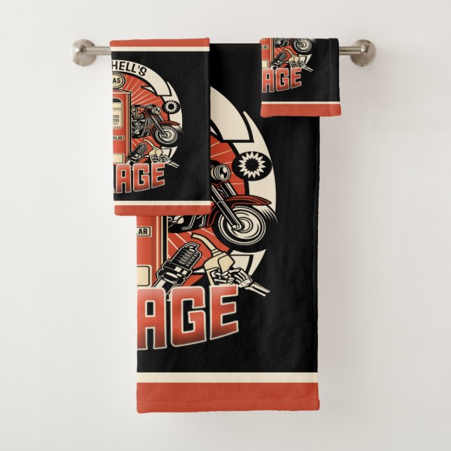Custom NAME Retro Gas Pump Motorcycle Biker Garage Bath Towel Set (Insitu)