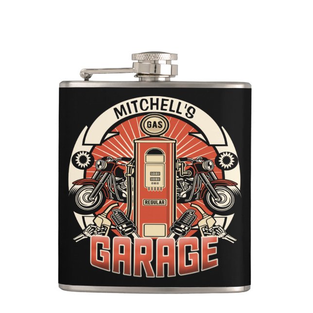 Custom NAME Retro Gas Pump Motorcycle Biker Garage Hip Flask (Front)