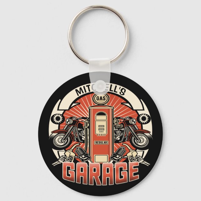 Custom NAME Retro Gas Pump Motorcycle Biker Garage Key Ring (Front)