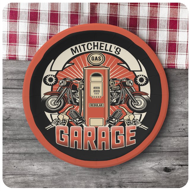 Custom NAME Retro Gas Pump Motorcycle Biker Garage Paper Plate (Creator Uploaded)