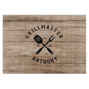 Custom Name Retro GRILLMASTER Rustic Wood Cutting Board
