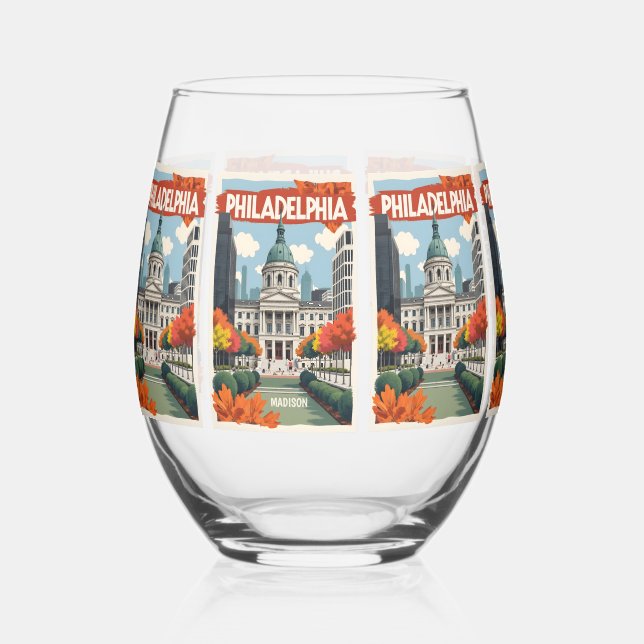 Custom Name Retro Philadelphia Stemless Wine Glass (Front)