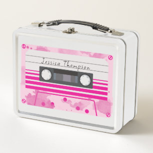 Custom Name Retro Pink Cassette Tape Metal Lunch Box