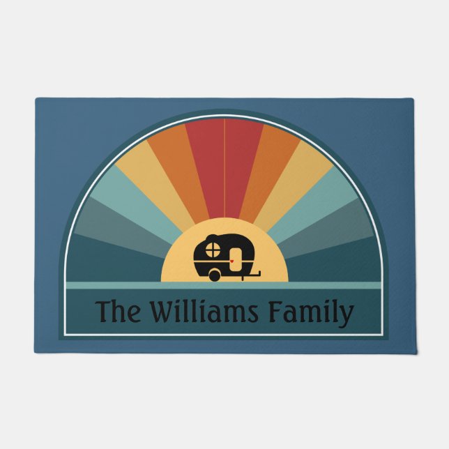 Custom Name Retro Sunrise Camper in Dusky Tones Doormat (Front)