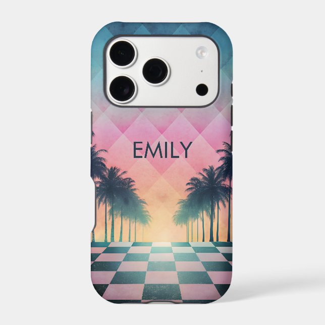 Custom Name Retro Synthwave Sunset Palm Trees (Back)