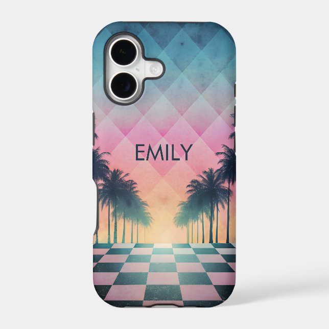 Custom Name Retro Synthwave Sunset Palm Trees (Back)