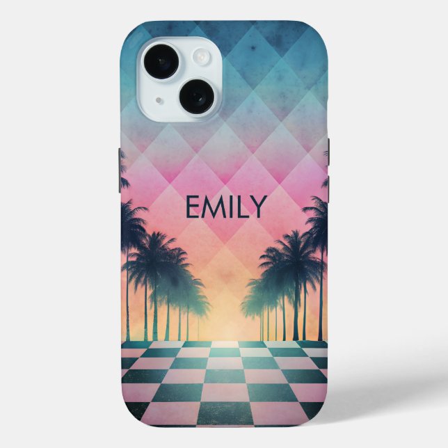 Custom Name Retro Synthwave Sunset Palm Trees Case-Mate iPhone Case (Back)