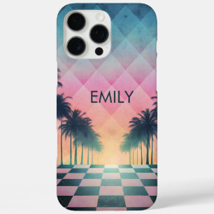 Custom Name Retro Synthwave Sunset Palm Trees iPhone 16 Pro Max Case