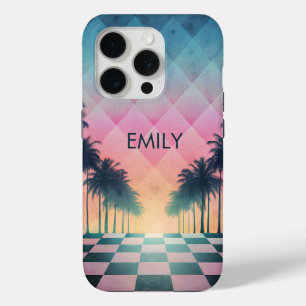 Custom Name Retro Synthwave Sunset Palm Trees iPhone 15 Pro Case