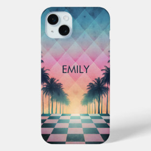 Custom Name Retro Synthwave Sunset Palm Trees iPhone 15 Mini Case