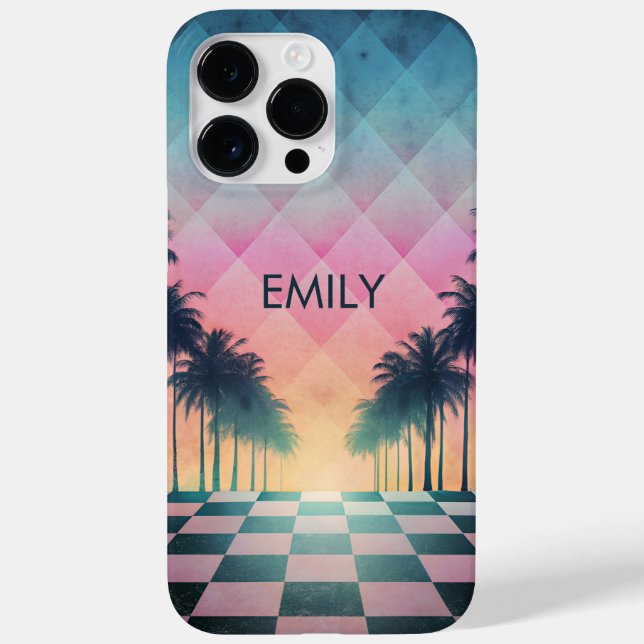 Custom Name Retro Synthwave Sunset Palm Trees Case-Mate iPhone Case (Back)