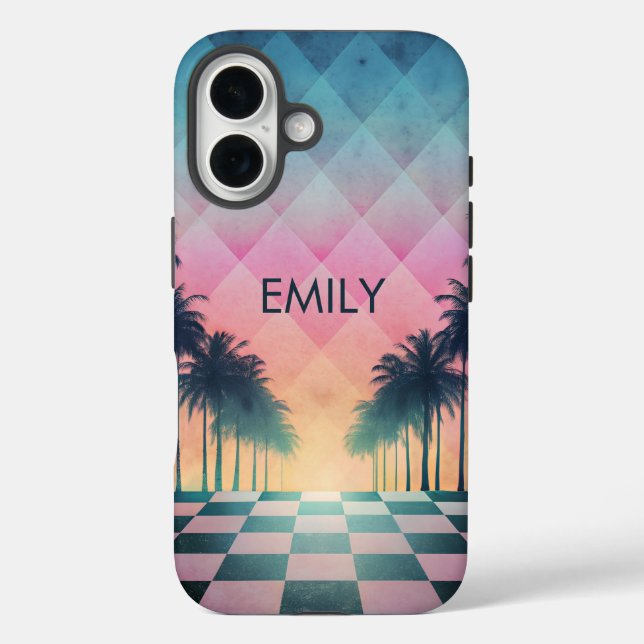 Custom Name Retro Synthwave Sunset Palm Trees Case-Mate iPhone Case (Back)
