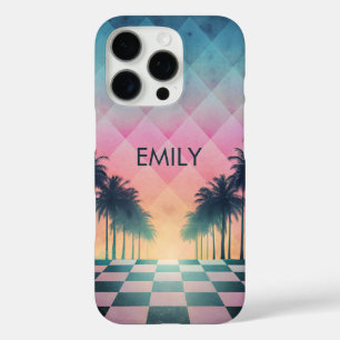 Custom Name Retro Synthwave Sunset Palm Trees iPhone 16 Pro Case