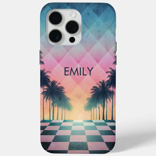 Custom Name Retro Synthwave Sunset Palm Trees Case-Mate iPhone Case (Back)