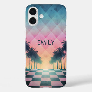 Custom Name Retro Synthwave Sunset Palm Trees iPhone 16 Plus Case