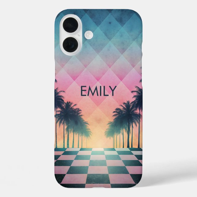 Custom Name Retro Synthwave Sunset Palm Trees Case-Mate iPhone Case (Back)