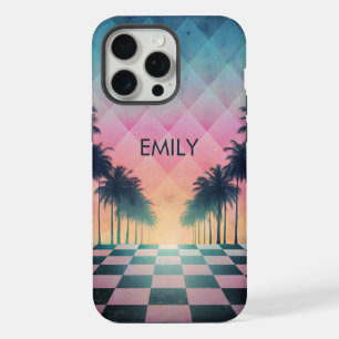 Custom Name Retro Synthwave Sunset Palm Trees iPhone 15 Pro Max Case