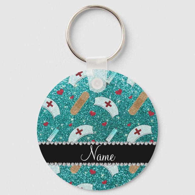 Custom name robin blue glitter nurse hats heart key ring (Front)