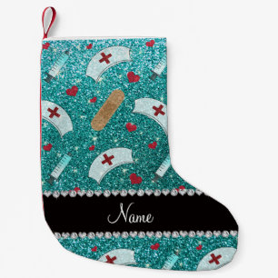 Custom name robin blue glitter nurse hats heart small christmas stocking