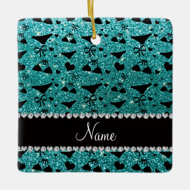 Custom name robin egg blue glitter bikini bows ceramic tree decoration (Front)