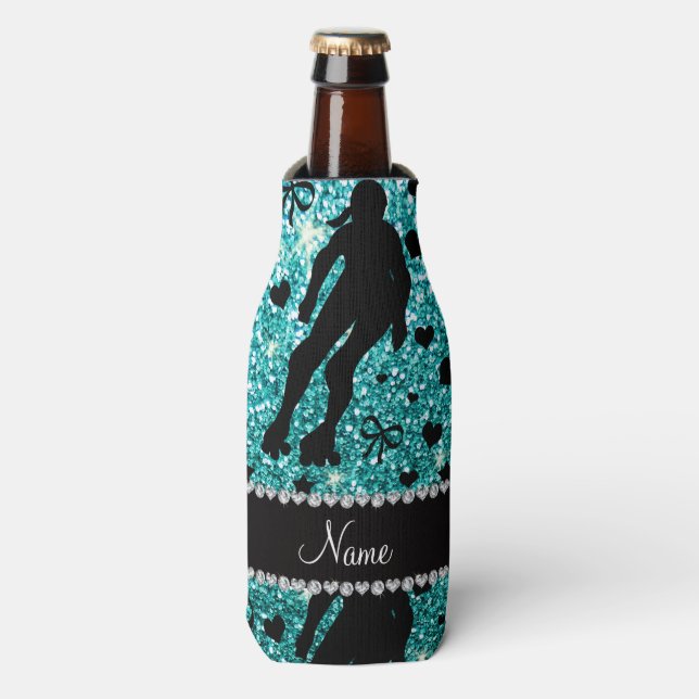 Custom name robin egg blue glitter roller derby bottle cooler (Bottle Front)