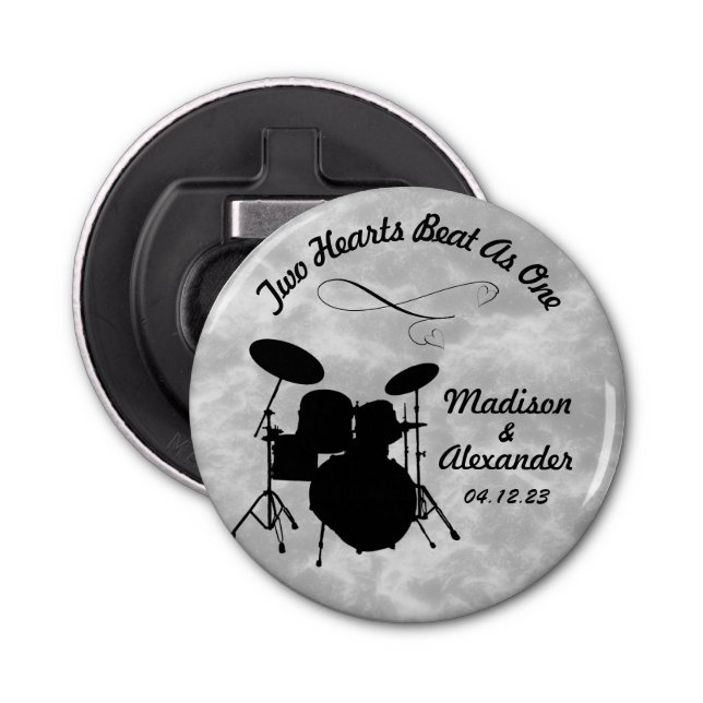 Custom Name Rock & Roll Drummer Wedding Drum Kit Bottle Opener (Front)