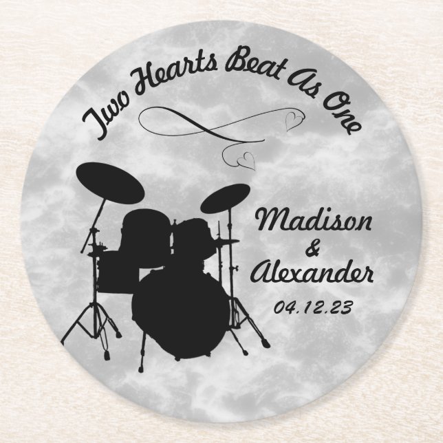 Custom Name Rock & Roll Drummer Wedding Drum Kit Round Paper Coaster (Front)