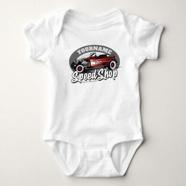 Custom NAME Rockabilly Roadster Speed Shop Garage Baby Bodysuit (Front)
