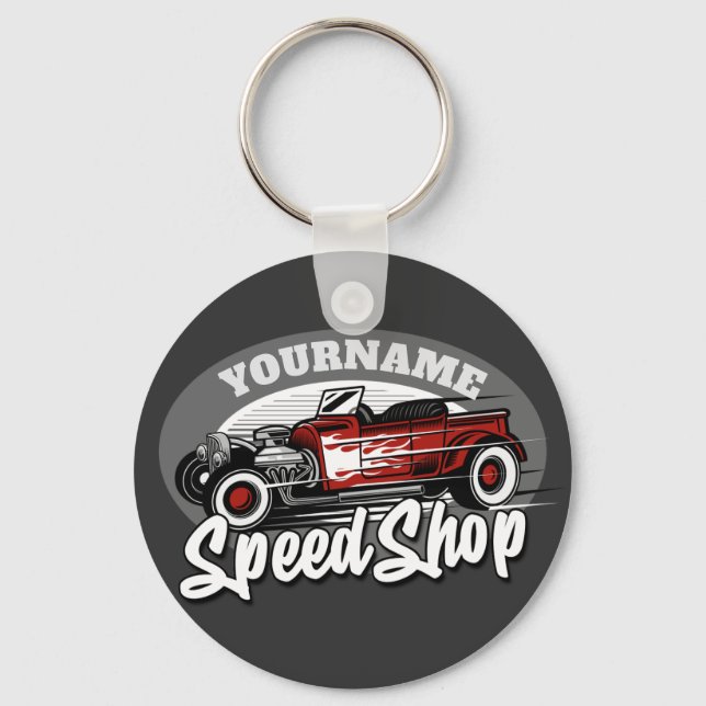 Custom NAME Rockabilly Roadster Speed Shop Garage Key Ring (Front)