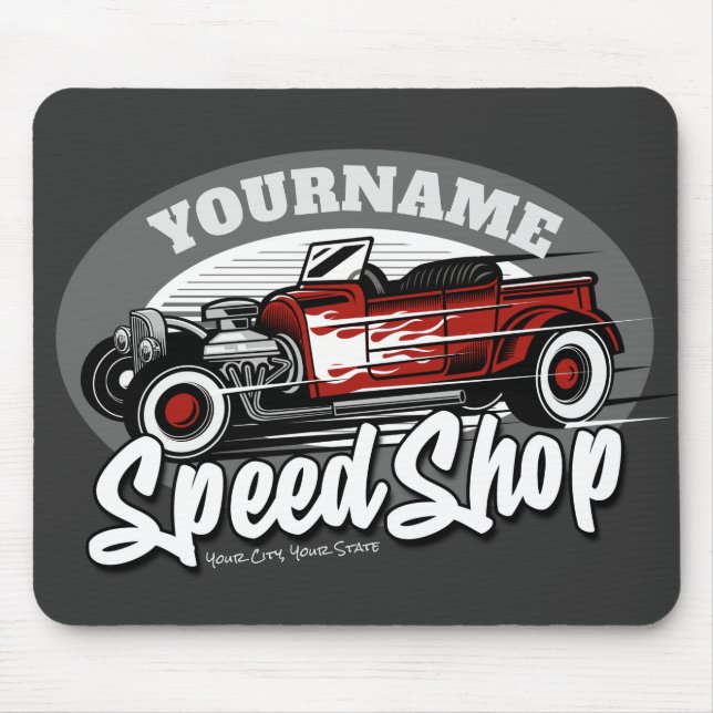 Custom NAME Rockabilly Roadster Speed Shop Garage Mouse Mat (Front)