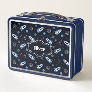 Custom Name Rocketship Pattern Metal Lunch Box