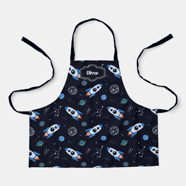 Custom Name Rocketship Patterned Apron (Front)