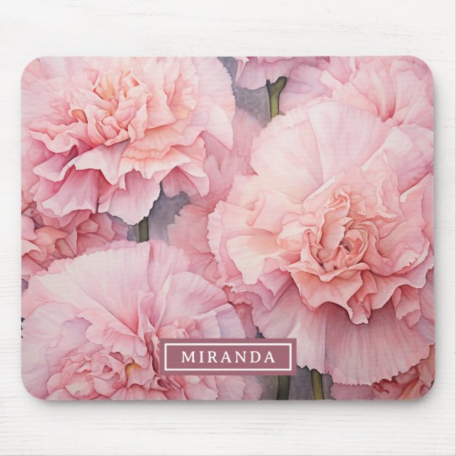Custom Name Romantic Pink Carnation Watercolor Art Mouse Mat (Front)