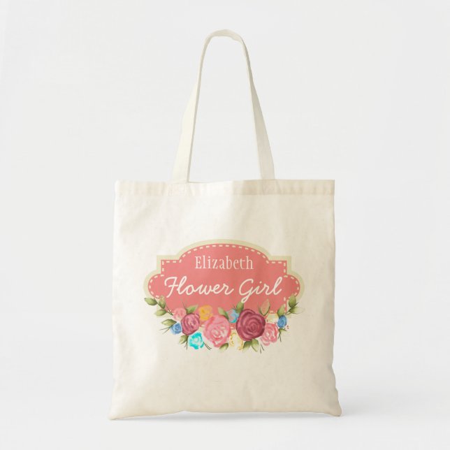 Custom Name Rose Flower Girl Tote Bag (Front)