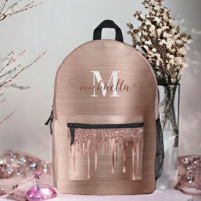 Custom Name Rose Gold Dripping Glitter Backpack (Creator Uploaded)