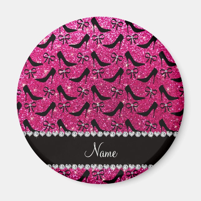 Custom name rose pink glitter black high heels bow magnet (Front)