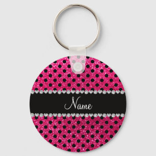 Custom name rose pink glitter black polka dots key ring
